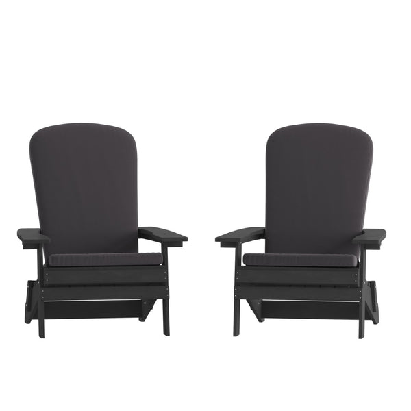 English Elm Charlestown Set of 2 Durable Folding Adirondack Chairs for Effortless Indoor/Outdoor Relaxation Gray Cushions/Black Frame 2-JJ-C14505-CSNGY-BLK-GG