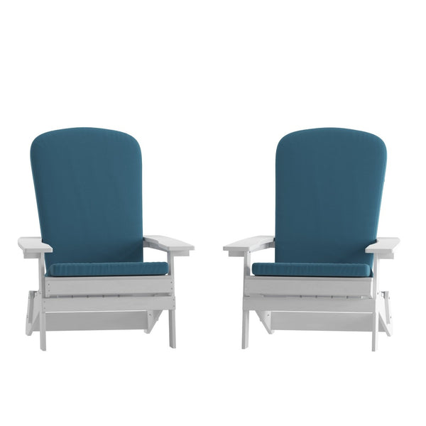 English Elm Charlestown Set of 2 Durable Folding Adirondack Chairs for Effortless Indoor/Outdoor Relaxation Teal Cushions/White Frame 2-JJ-C14505-CSNTL-WH-GG