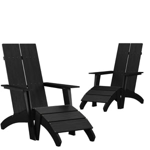 English Elm Set of 2 Sawyer Modern All-Weather Adirondack Chairs with Footrests for Stylish Outdoor Relaxation Black 2-JJ-C14509-14309-BK-GG