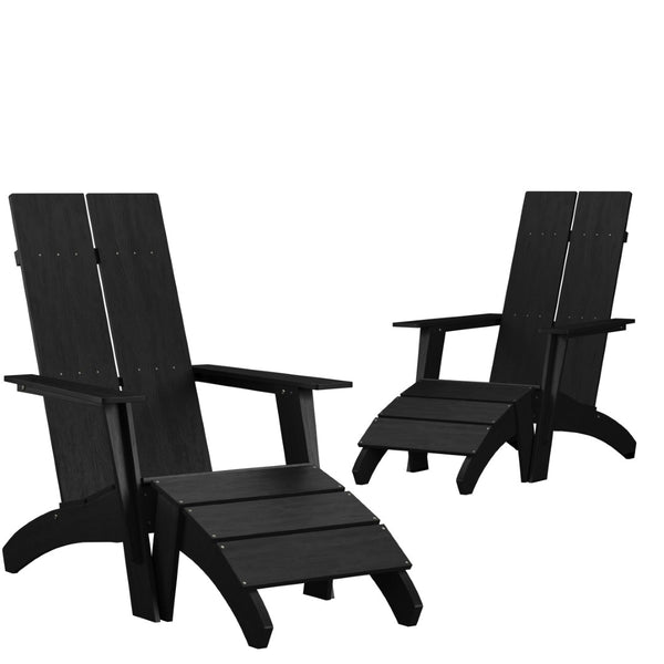 English Elm Set of 2 Sawyer Modern All-Weather Adirondack Chairs with Footrests for Stylish Outdoor Relaxation Black 2-JJ-C14509-14309-BK-GG