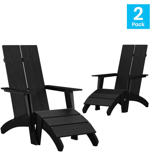 English Elm Set of 2 Sawyer Modern All-Weather Adirondack Chairs with Footrests for Stylish Outdoor Relaxation Black 2-JJ-C14509-14309-BK-GG
