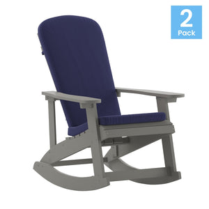 English Elm Savannah Set of 2 All-Weather Adirondack Rocking Chairs for Ultimate Outdoor Relaxation and Comfort Blue Cushions/Gray Frame 2-JJ-C14705-CSNBL-GY-GG