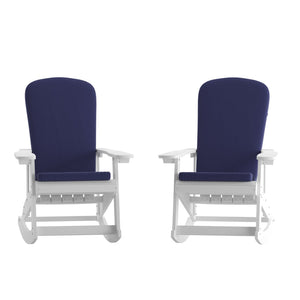 English Elm Savannah Set of 2 All-Weather Adirondack Rocking Chairs for Ultimate Outdoor Relaxation and Comfort Blue Cushions/White Frame 2-JJ-C14705-CSNBL-WH-GG