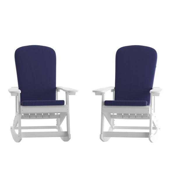 English Elm Savannah Set of 2 All-Weather Adirondack Rocking Chairs for Ultimate Outdoor Relaxation and Comfort Blue Cushions/White Frame 2-JJ-C14705-CSNBL-WH-GG