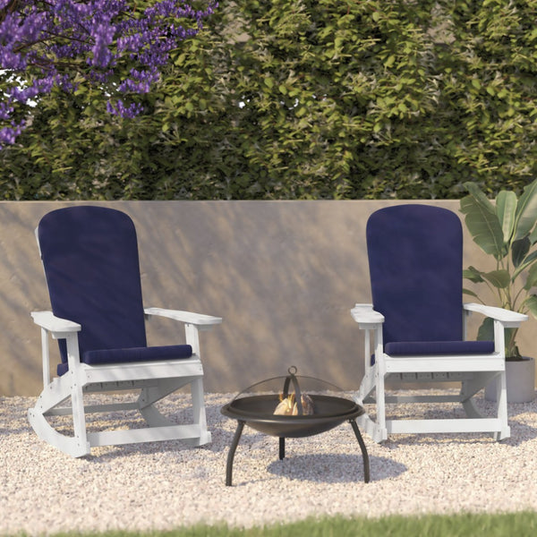 English Elm Savannah Set of 2 All-Weather Adirondack Rocking Chairs for Ultimate Outdoor Relaxation and Comfort Blue Cushions/White Frame 2-JJ-C14705-CSNBL-WH-GG