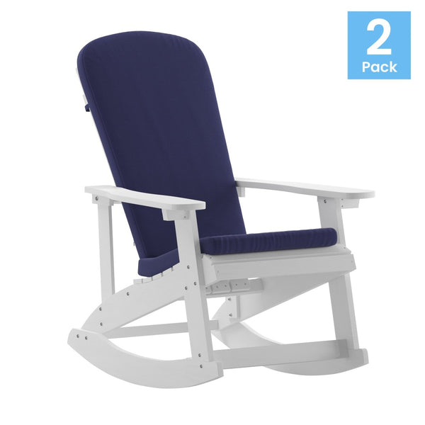 English Elm Savannah Set of 2 All-Weather Adirondack Rocking Chairs for Ultimate Outdoor Relaxation and Comfort Blue Cushions/White Frame 2-JJ-C14705-CSNBL-WH-GG