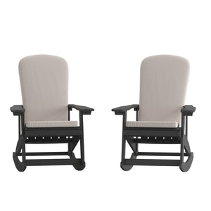 English Elm Savannah Set of 2 All-Weather Adirondack Rocking Chairs for Ultimate Outdoor Relaxation and Comfort Cream Cushions/Black Frame 2-JJ-C14705-CSNCR-BK-GG