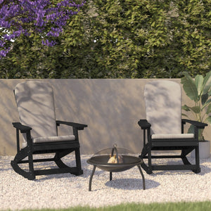 English Elm Savannah Set of 2 All-Weather Adirondack Rocking Chairs for Ultimate Outdoor Relaxation and Comfort Cream Cushions/Black Frame 2-JJ-C14705-CSNCR-BK-GG