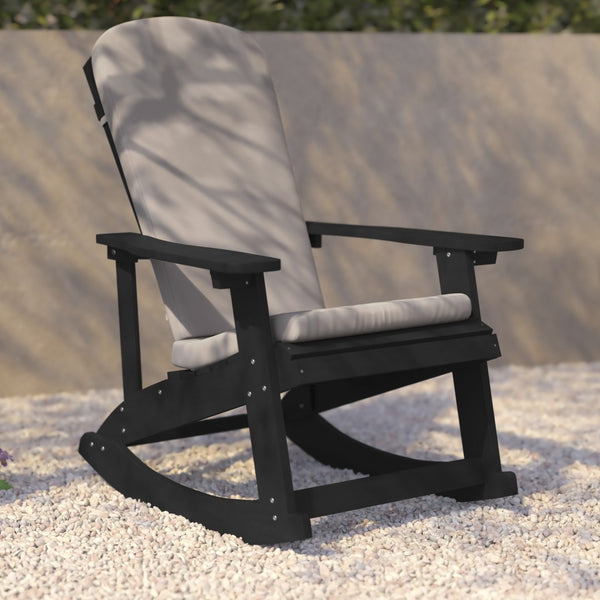 English Elm Savannah Set of 2 All-Weather Adirondack Rocking Chairs for Ultimate Outdoor Relaxation and Comfort Cream Cushions/Black Frame 2-JJ-C14705-CSNCR-BK-GG