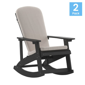 English Elm Savannah Set of 2 All-Weather Adirondack Rocking Chairs for Ultimate Outdoor Relaxation and Comfort Cream Cushions/Black Frame 2-JJ-C14705-CSNCR-BK-GG