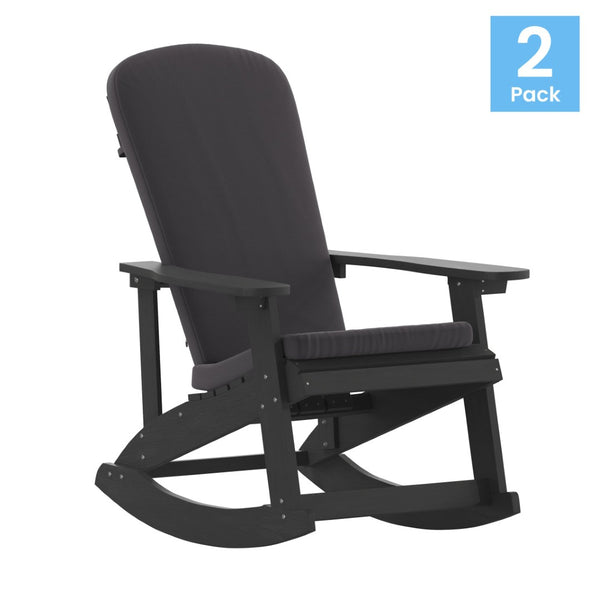 English Elm Savannah Set of 2 All-Weather Adirondack Rocking Chairs for Ultimate Outdoor Relaxation and Comfort Gray Cushions/Black Frame 2-JJ-C14705-CSNGY-BK-GG