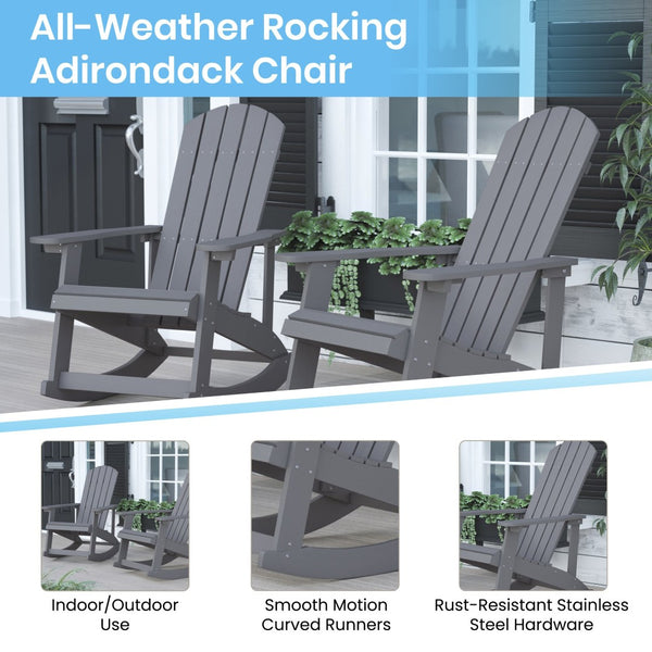 English Elm Savannah Set of 2 All-Weather Adirondack Rocking Chairs for Ultimate Outdoor Relaxation and Comfort Gray Cushions/Gray Frame 2-JJ-C14705-CSNGY-GY-GG