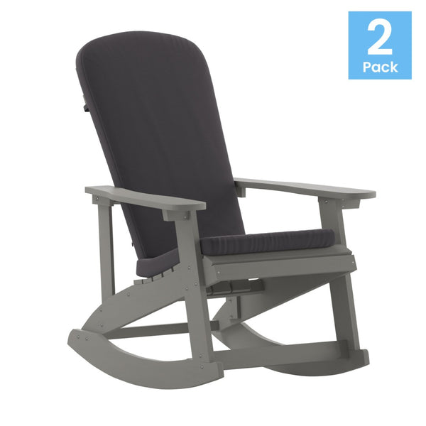 English Elm Savannah Set of 2 All-Weather Adirondack Rocking Chairs for Ultimate Outdoor Relaxation and Comfort Gray Cushions/Gray Frame 2-JJ-C14705-CSNGY-GY-GG