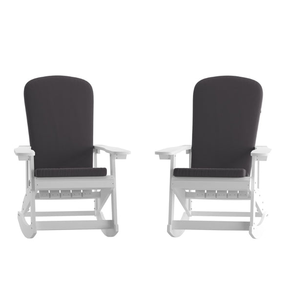 English Elm Savannah Set of 2 All-Weather Adirondack Rocking Chairs for Ultimate Outdoor Relaxation and Comfort Gray Cushions/White Frame 2-JJ-C14705-CSNGY-WH-GG