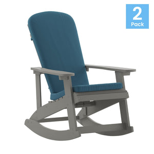 English Elm Savannah Set of 2 All-Weather Adirondack Rocking Chairs for Ultimate Outdoor Relaxation and Comfort Teal Cushions/Gray Frame 2-JJ-C14705-CSNTL-GY-GG