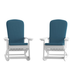 English Elm Savannah Set of 2 All-Weather Adirondack Rocking Chairs for Ultimate Outdoor Relaxation and Comfort Teal Cushions/White Frame 2-JJ-C14705-CSNTL-WH-GG