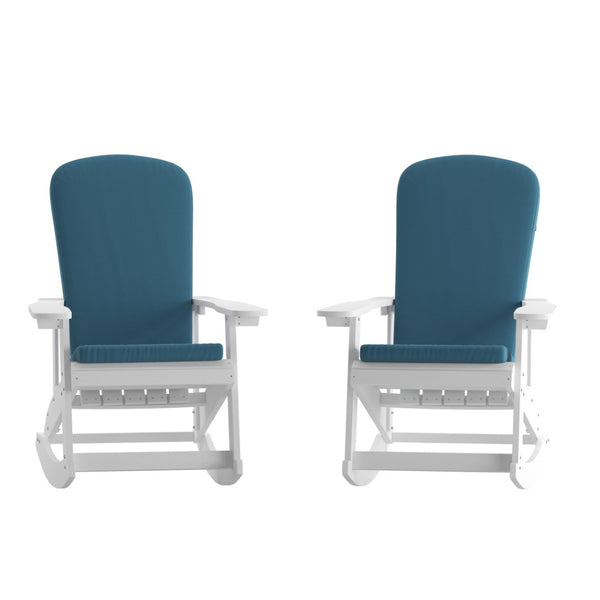English Elm Savannah Set of 2 All-Weather Adirondack Rocking Chairs for Ultimate Outdoor Relaxation and Comfort Teal Cushions/White Frame 2-JJ-C14705-CSNTL-WH-GG