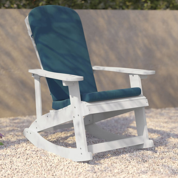 English Elm Savannah Set of 2 All-Weather Adirondack Rocking Chairs for Ultimate Outdoor Relaxation and Comfort Teal Cushions/White Frame 2-JJ-C14705-CSNTL-WH-GG