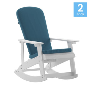 English Elm Savannah Set of 2 All-Weather Adirondack Rocking Chairs for Ultimate Outdoor Relaxation and Comfort Teal Cushions/White Frame 2-JJ-C14705-CSNTL-WH-GG
