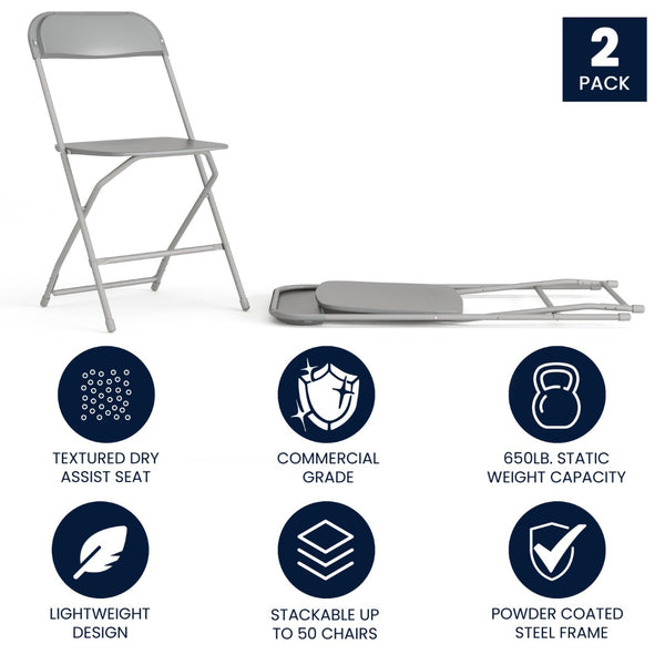 English Elm Hercules Series Plastic Folding Chair Set - Durable, Comfortable 650LB Capacity for Events & Gatherings Grey 2-LE-L-3-GREY-GG