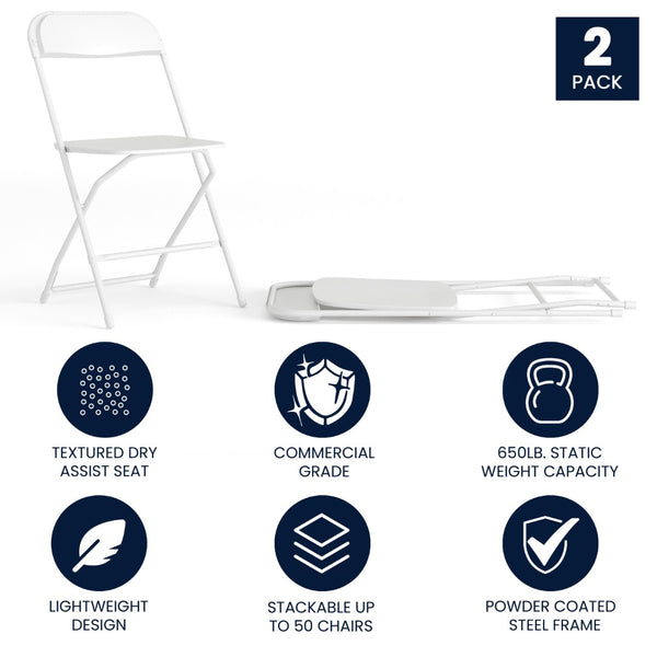 English Elm Hercules Series Plastic Folding Chair Set - Durable, Comfortable 650LB Capacity for Events & Gatherings White 2-LE-L-3-WHITE-GG