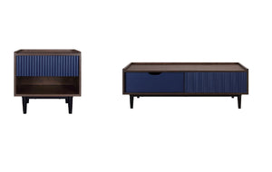 Manhattan Comfort Duane Mid-Century Modern Nightstand and Coffee Table Dark Brown and Navy Blue 2-NC-12GLF-NB