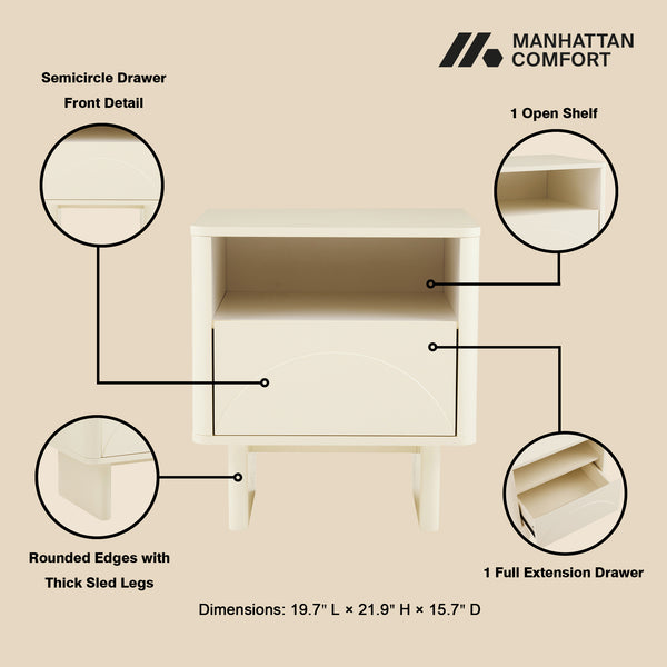 Manhattan Comfort Ella Nightstand With Two Full Extension Drawers - Effortless Elegance For Modern Living Spaces Cream Mdf 2-ns005-cr