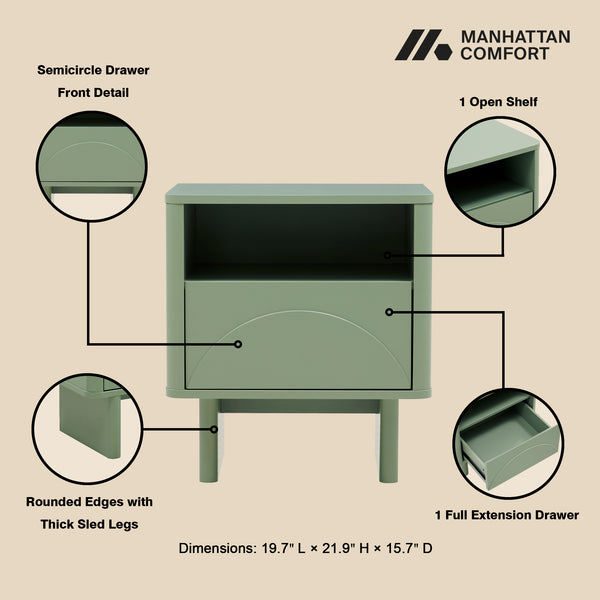 Manhattan Comfort Ella Nightstand With Two Full Extension Drawers - Effortless Elegance For Modern Living Spaces Sage Green Mdf 2-ns005-gr