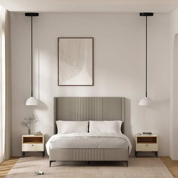 Manhattan Comfort Amara Nightstand With Elegant Full Extension Drawers, Tapered Metal Legs, And Charming Design Cream And Natural Oak Mdp 2-ns006-cr