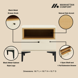 Manhattan Comfort Amara Nightstand With Elegant Full Extension Drawers, Tapered Metal Legs, And Charming Design Cream And Natural Oak Mdp 2-ns006-cr