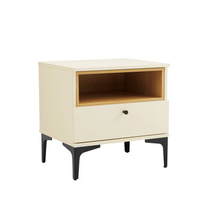 Manhattan Comfort Amara Nightstand With Elegant Full Extension Drawers, Tapered Metal Legs, And Charming Design Cream And Natural Oak Mdp 2-ns006-cr