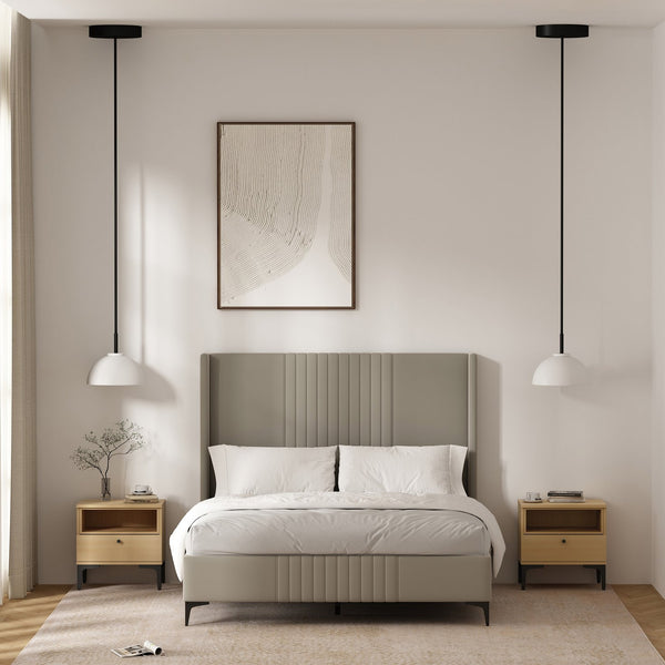 Manhattan Comfort Amara Nightstand With Elegant Full Extension Drawers, Tapered Metal Legs, And Charming Design Natural Oak Mdp 2-ns006-na