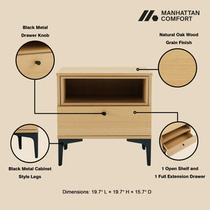 Manhattan Comfort Amara Nightstand With Elegant Full Extension Drawers, Tapered Metal Legs, And Charming Design Natural Oak Mdp 2-ns006-na