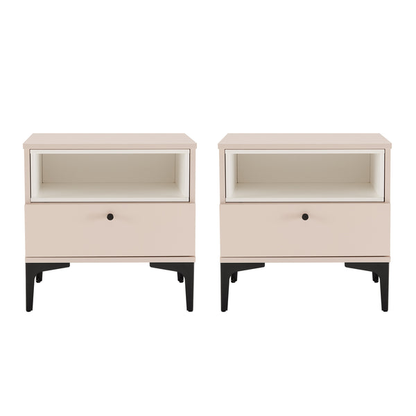 Manhattan Comfort Amara Nightstand With Elegant Full Extension Drawers, Tapered Metal Legs, And Charming Design Pale Rose And White Mdp 2-ns006-pk