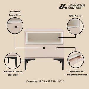 Manhattan Comfort Amara Nightstand With Elegant Full Extension Drawers, Tapered Metal Legs, And Charming Design Pale Rose And White Mdp 2-ns006-pk