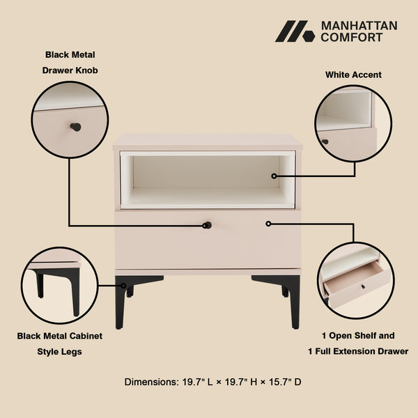 Manhattan Comfort Amara Nightstand With Elegant Full Extension Drawers, Tapered Metal Legs, And Charming Design Pale Rose And White Mdp 2-ns006-pk