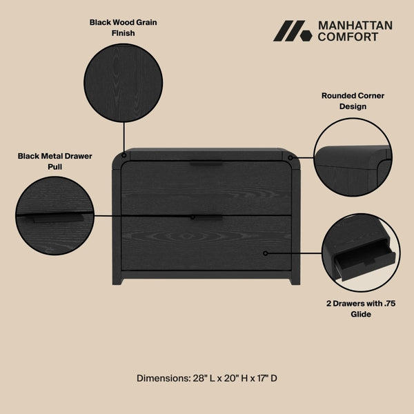 Manhattan Comfort Grace Modern 28" Nightstand - Elegant 2-drawer Design For Serene Spaces And Timeless Sophistication Black Mdf 2-ns007-bk