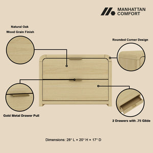 Manhattan Comfort Grace Modern 28" Nightstand - Elegant 2-drawer Design For Serene Spaces And Timeless Sophistication Natural Oak And Gold Mdf 2-ns007-gno