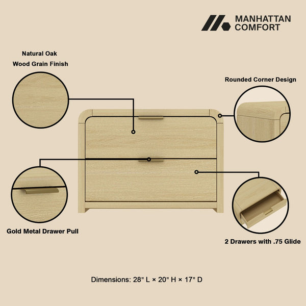Manhattan Comfort Grace Modern 28" Nightstand - Elegant 2-drawer Design For Serene Spaces And Timeless Sophistication Natural Oak And Gold Mdf 2-ns007-gno