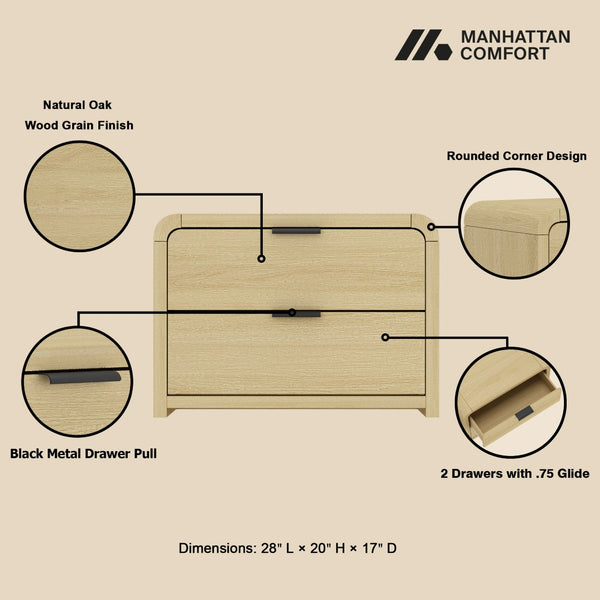 Manhattan Comfort Grace Modern 28" Nightstand - Elegant 2-drawer Design For Serene Spaces And Timeless Sophistication Natural Oak And Black Mdf 2-ns007-no