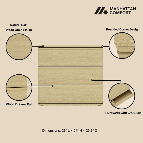 Manhattan Comfort Molly Modern Nightstand Set Of 2 - 6 Drawers In Natural Oak For Serene Bedroom Elegance Natural Oak Mdf 2-ns008-no