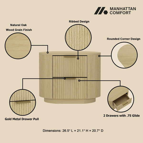 Manhattan Comfort Olivia Modern Nightstand With Spacious Drawers - Elegant Design For A Serene Bedroom Retreat Natural Oak Mdf 2-ns010-gno