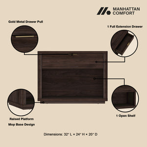 Manhattan Comfort Evelyn Nightstand Set Of 2 - Elegant Design With Full Extension Drawers And Subtle Gold Hardware Brown Mdf 2-ns012-br