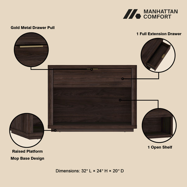 Manhattan Comfort Evelyn Nightstand Set Of 2 - Elegant Design With Full Extension Drawers And Subtle Gold Hardware Brown Mdf 2-ns012-br