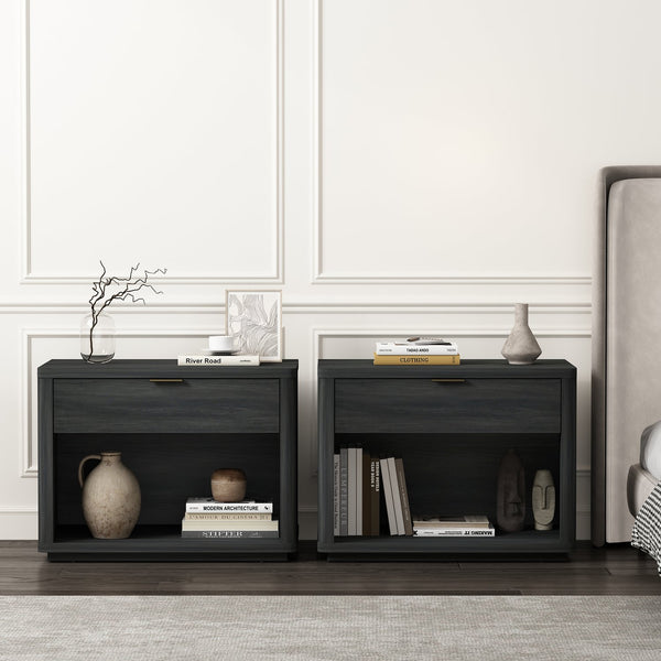 Manhattan Comfort Evelyn Nightstand Set Of 2 - Elegant Design With Full Extension Drawers And Subtle Gold Hardware Charcoal Grey Mdf 2-ns012-ch
