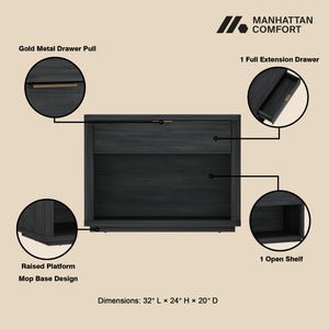 Manhattan Comfort Evelyn Nightstand Set Of 2 - Elegant Design With Full Extension Drawers And Subtle Gold Hardware Charcoal Grey Mdf 2-ns012-ch