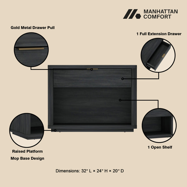 Manhattan Comfort Evelyn Nightstand Set Of 2 - Elegant Design With Full Extension Drawers And Subtle Gold Hardware Charcoal Grey Mdf 2-ns012-ch