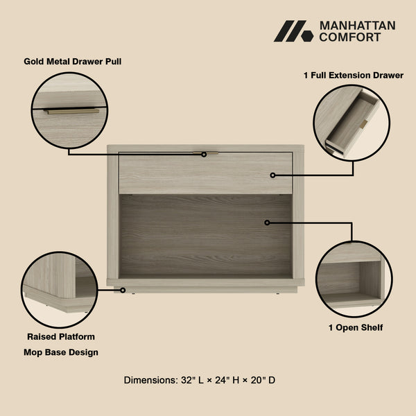 Manhattan Comfort Evelyn Nightstand Set Of 2 - Elegant Design With Full Extension Drawers And Subtle Gold Hardware Natural Mdf 2-ns012-na