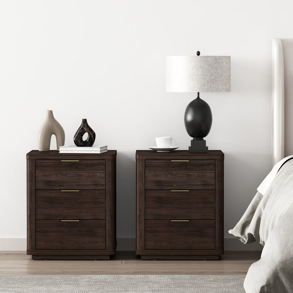 Manhattan Comfort Evelyn Modern Nightstand Set With Elegant Drawers And Gold Accents For A Serene Bedroom Retreat Brown Mdf 2-ns013-br