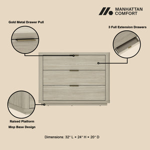 Manhattan Comfort Evelyn Nightstand Set Of 2 - Elegant Design With Full Extension Drawers And Subtle Gold Hardware Natural Mdf 2-ns014-na